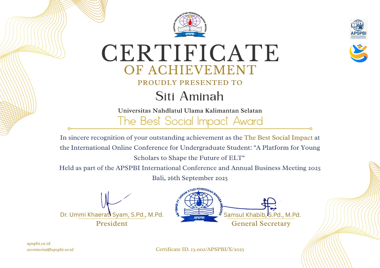 Mahasiswa PBI UNUKASE Raih The Best Social Impact Award pada APSPBI International Conference 2025